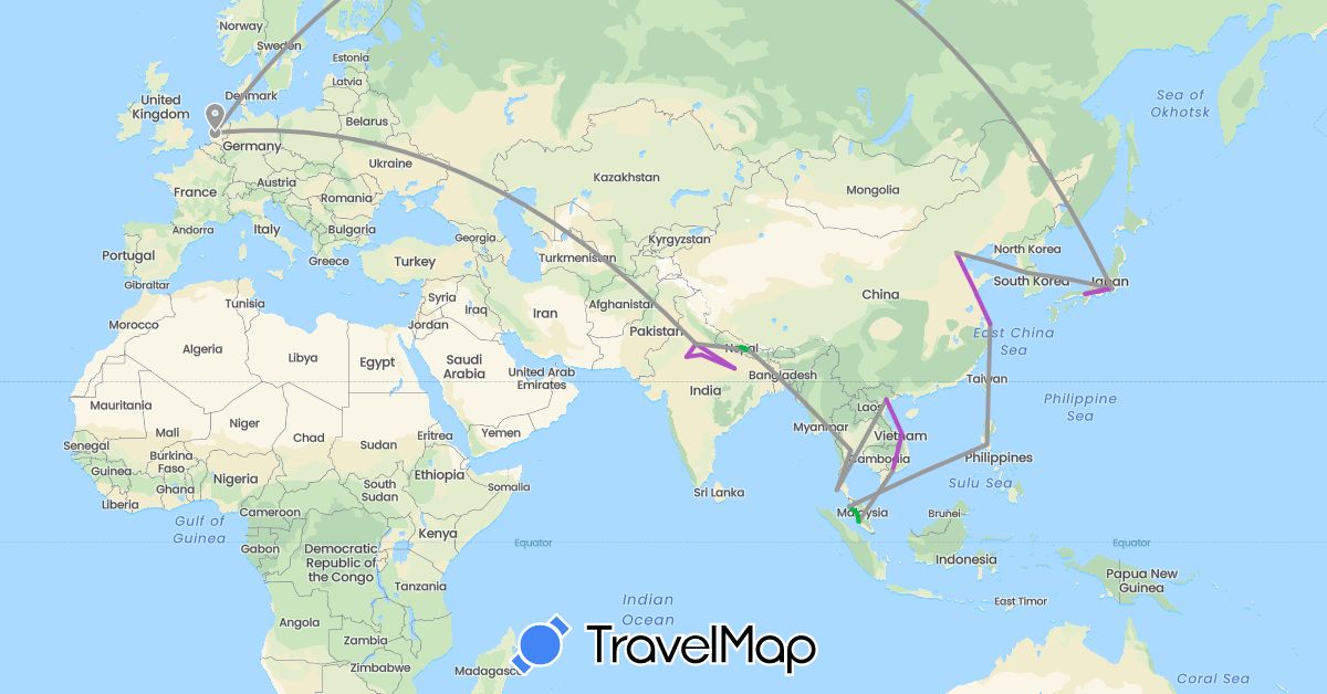 TravelMap itinerary: driving, bus, plane, train in China, India, Japan, South Korea, Malaysia, Netherlands, Nepal, Philippines, Thailand, Vietnam (Asia, Europe)